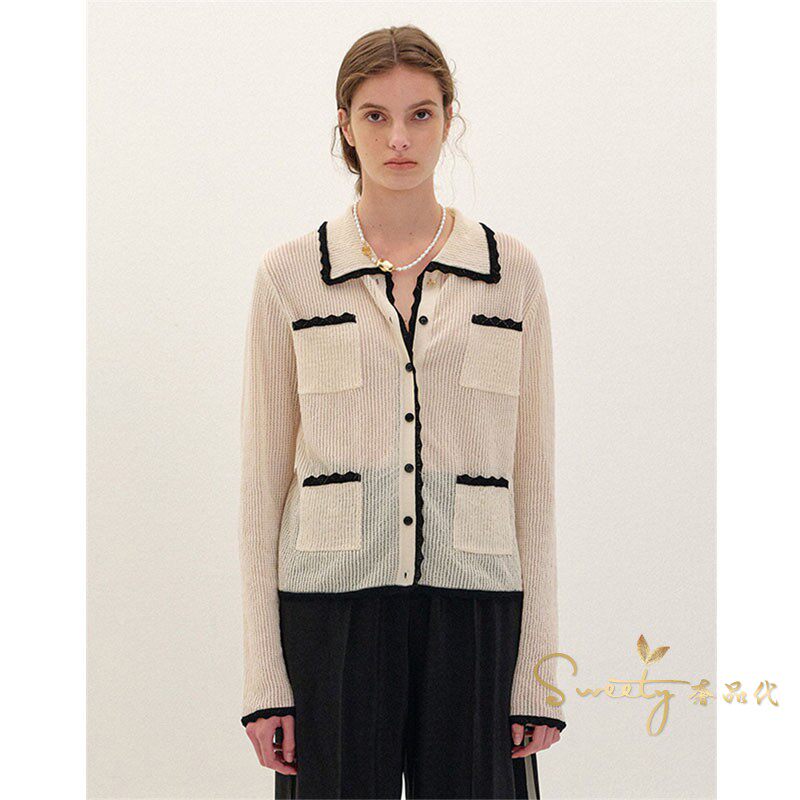 eenk 21 autumn winter new pint white deer the same collared pocket small fragrant wind knit cardiovert jacket shirt woman