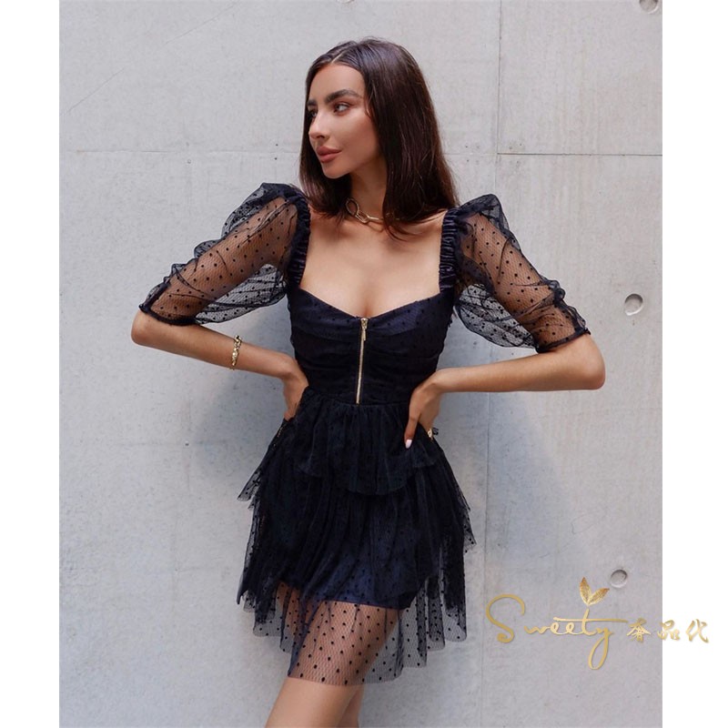 Alice mccall 21 autumn and summer polka dot lace stitching mesh cake short skirt square collar wrap chest dress