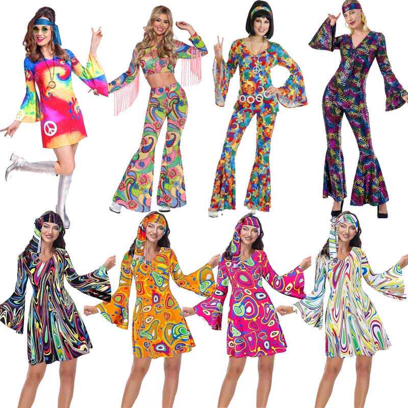 2023 European and American New Hippie Women's Clothing Set 80S Retro Hippie Women's Clothing Disco Dress