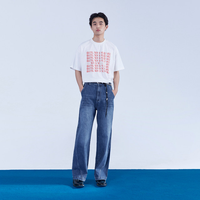 Mentmate23SS retro aged ລ້າງ spliced ​​​​ຕັດ jeans ຂອງຜູ້ຊາຍ versatile straight trousers