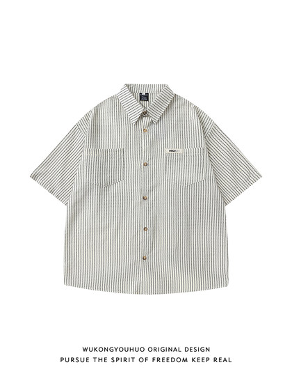 悟空有货夏季复古竖条纹口袋短袖衬衫男日系潮牌宽松休闲半袖衬衣