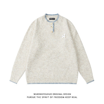 American fashion kitten hand sewing button round neck sweater men American fashion kitten hand sewing button round neck sweater men