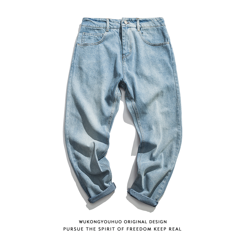 Wukong stock vintage old washed buffalo pants men's fashion brand street loose simple casual Harun nine-point tide pants