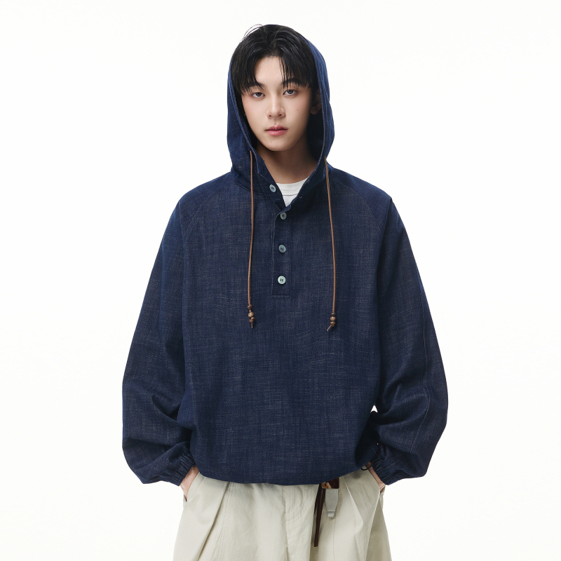 Wukong Has in Stock American Retro Faux Denim Half-Zip Design Hooded Jacket for Men, Loose Casual Pullover Coat