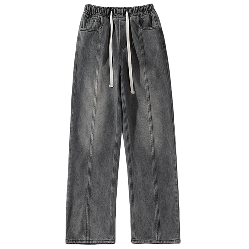 悟空有货 Джинсы подходит для мужчин и женщин, штаны, в американском стиле, на шнурках, эластичная талия, свободный прямой крой