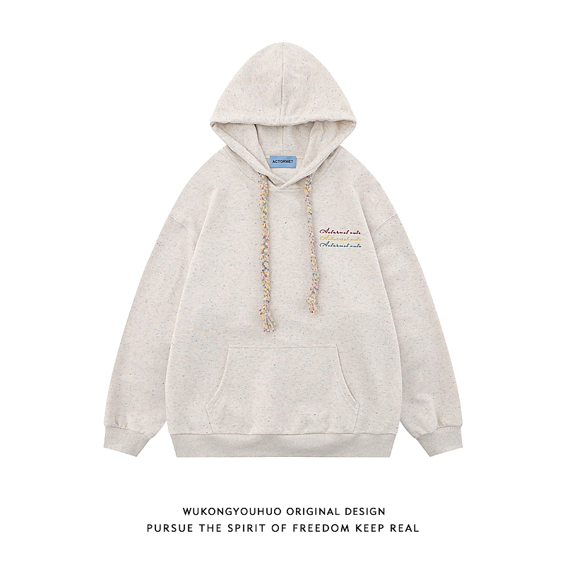 Wukong Has in Stock Retro Trendy Brand Color Dot Embroidery Drawstring Hooded Sweatshirt for Men and Women, Autumn Loose-Fitting Couple Casual Hoodie