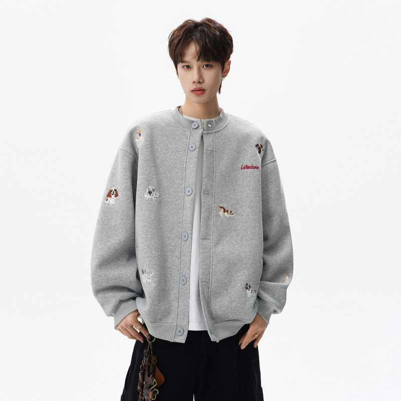 Wukong Has in Stock Trendy Brand Embroidered Puppy Button-Up Cardigan Sweatshirt for Men and Women, Spring Loose-Fitting Couple Casual Jacket