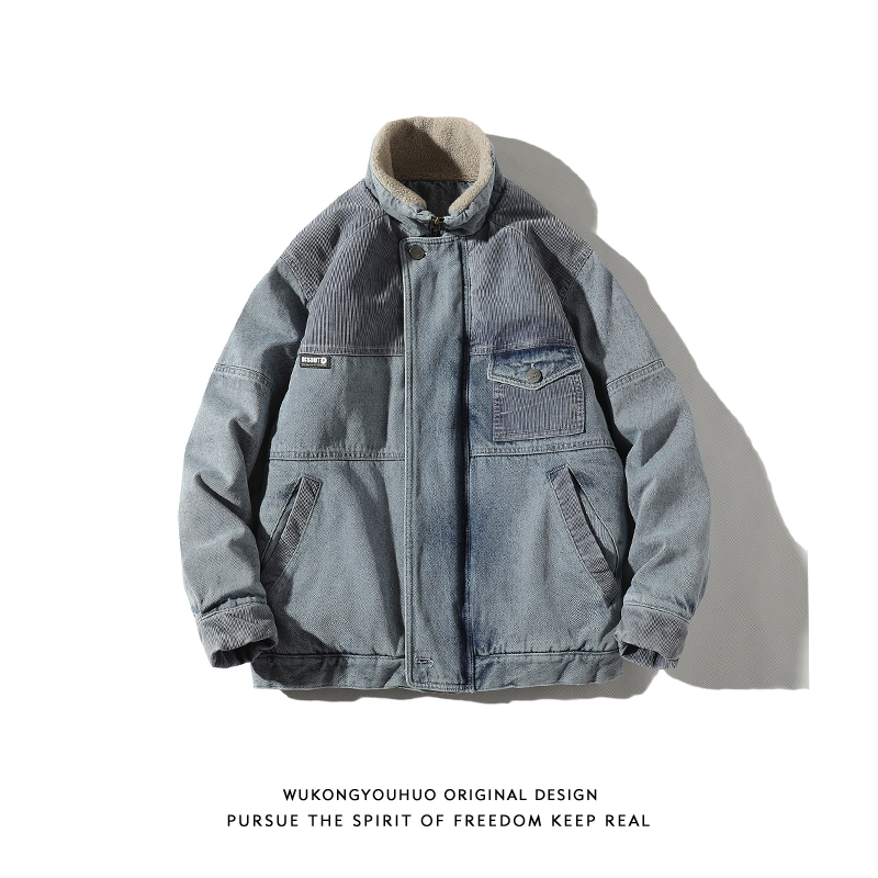 Wukong has goods in winter tide brand lamb velvet denim cotton coat men's loose thickening casual couple tooling cotton coat