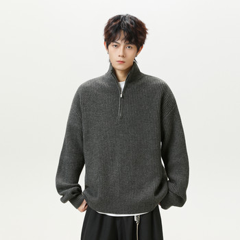 Trendy brand retro solid color half zipper stand collar sweater for men Trendy brand retro solid color half zipper stand collar sweater for men
