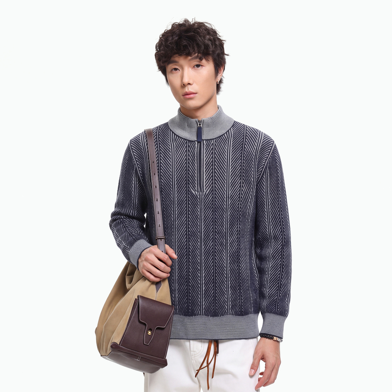 Wukong's Vintage Style Jacquard Texture Half-Zip Stand Collar Sweater for Men, Retro Loose Fit Casual Knitwear