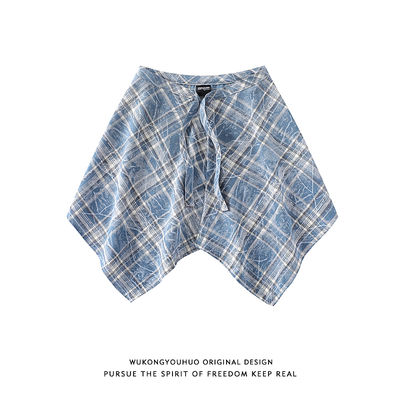 Wukong has a high-street layering magic tool, tie-dyed blue and white checkered curtain hem, hip-hop street dance outerwear, waist-tied skirt