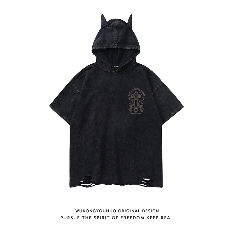 Wukong Has in Stock American High Street Washed Hooded Short-Sleeve T-Shirt for Men, Trendy Brand ins Loose Niche Casual Half-Sleeve Tee