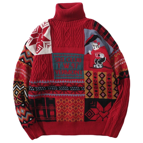 Трикотажный ретро свитер, с медвежатами, свободный крой, для влюбленных