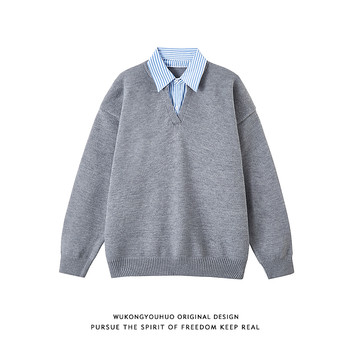 Retro striped splicing fake two-piece polo collar sweater for men Retro striped splicing fake two-piece polo collar sweater for men