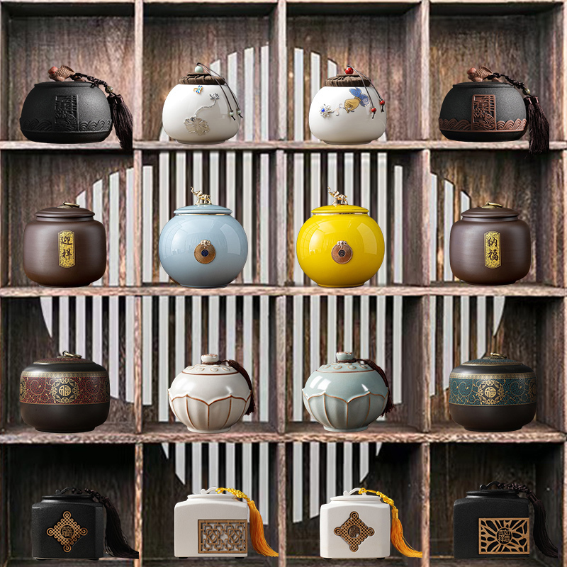 New Chinese-Style Song Dynasty Aesthetic Tea Room Tea Cabinet Homestay Antique Shelf Ceramic Retro Tea Canister Tea Set Tea Ceremony Ornaments