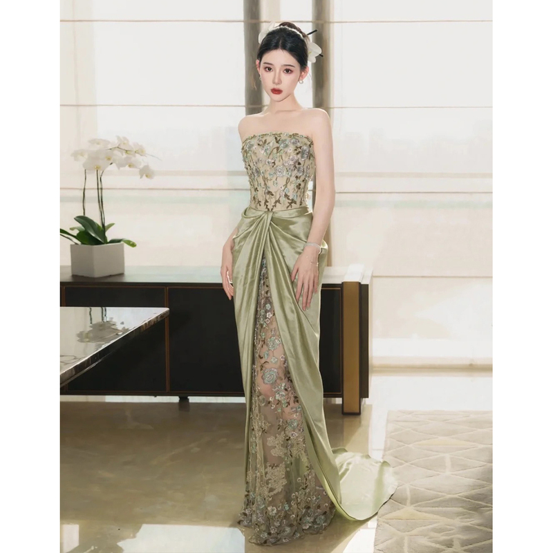 New Chinese-Style Morning Gown 2026 New Model High-End Bridal Strapless Engagement Dress Retro Lace Stunning Toast Dress