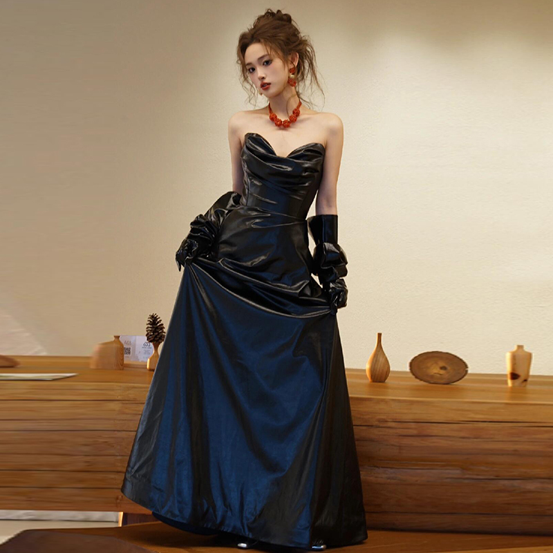 Tube Top Evening Dress, Light Luxury Birthday Party Host Black Leather Skirt, High-End Wedding Dressing Gown, Female Bride's Toast Dress