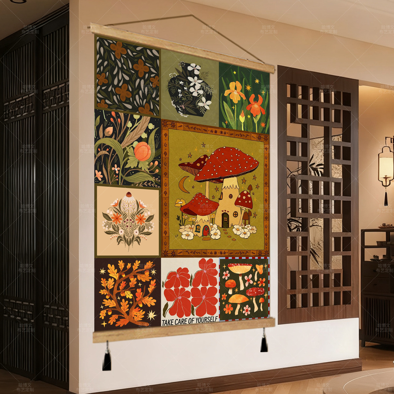 Medieval-Style Mushroom Forest Entrance Hall Living Room Sofa Background Wall Decoration Restaurant Hotel Tapestry Cover-Up Wooden Shaft Hanging Painting Medieval-Style Mushroom Forest Entrance Hall Living Room Sofa Background Wall Decoration Restaurant Hotel Tapestry Cover-Up Wooden Shaft Hanging Painting