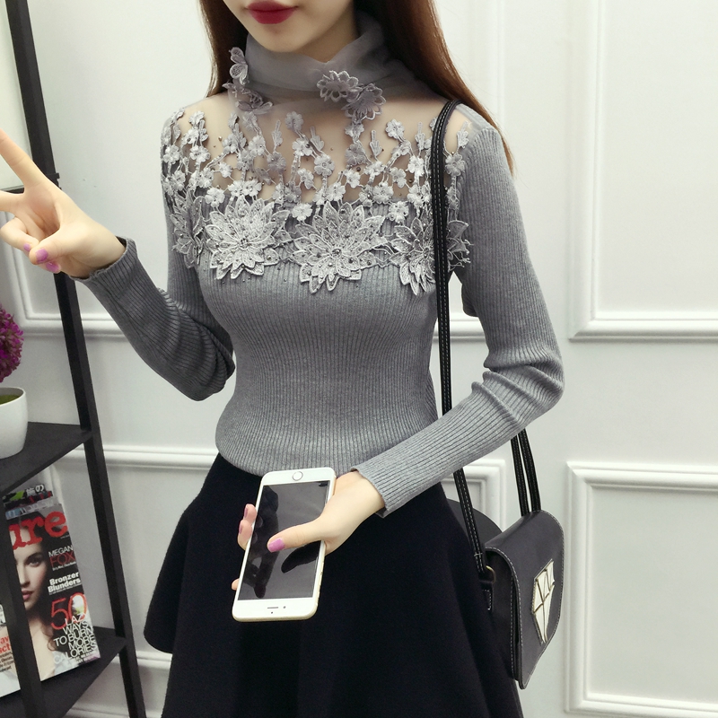 Áo len ren mùa thu và mùa đông của phụ nữ áo lưới ngọt ngào lỗ rỗng cổ cao đáy áo sơ mi nữ đầu áo len dài tay áo len gile
