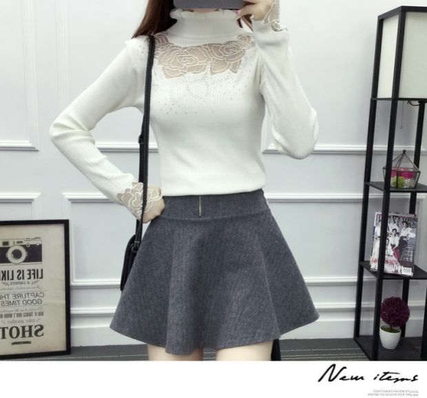 Mùa thu đông 2018 mới của phụ nữ áo thun cổ cao của phụ nữ ren khâu áo sơ mi dài tay đan mỏng mẫu áo len nữ đẹp 2021