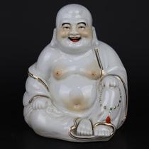 Jingdezhen Cultural Revolution Sculpture Porcelain Factory sweet white glaze gold carved figure cloth bag monk smiling face Arhat Maitreya Buddha statue