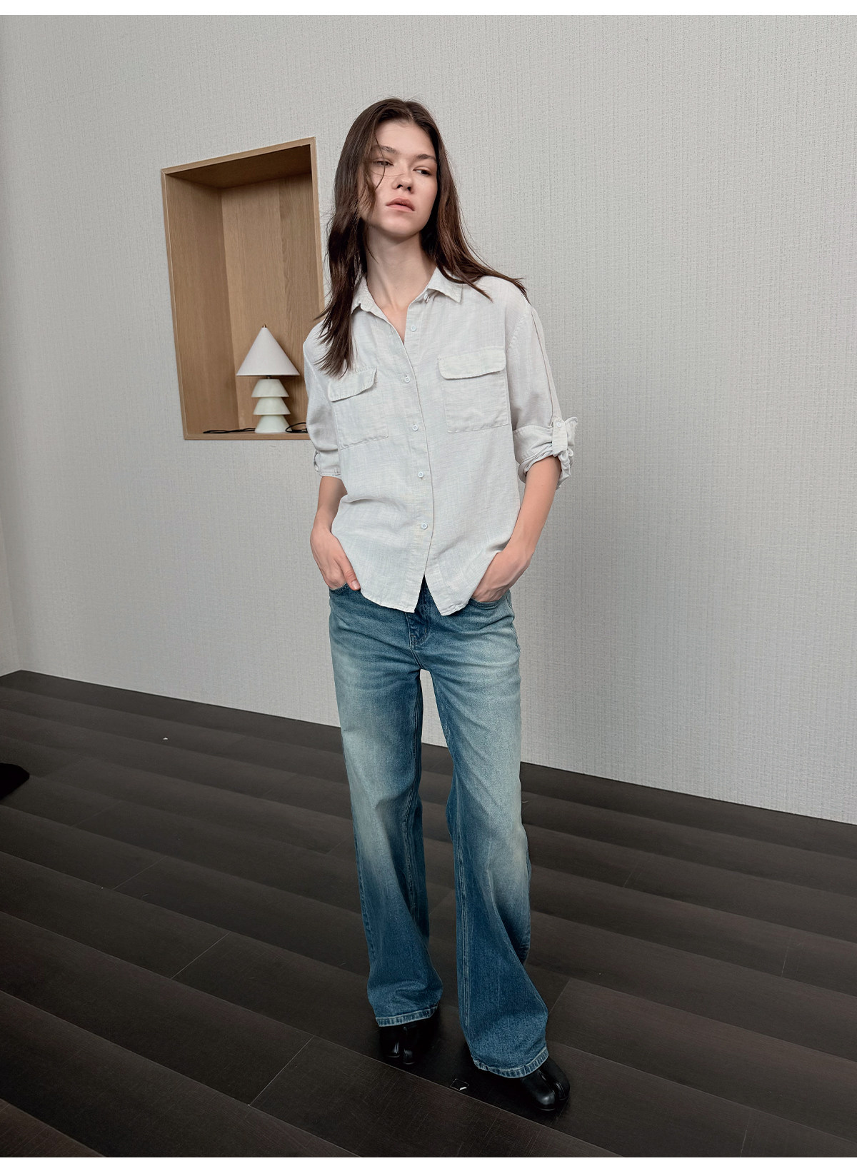 JCAESAR WOMEN Washed Linen Rolled-Cuff Long-Sleeve Shirt