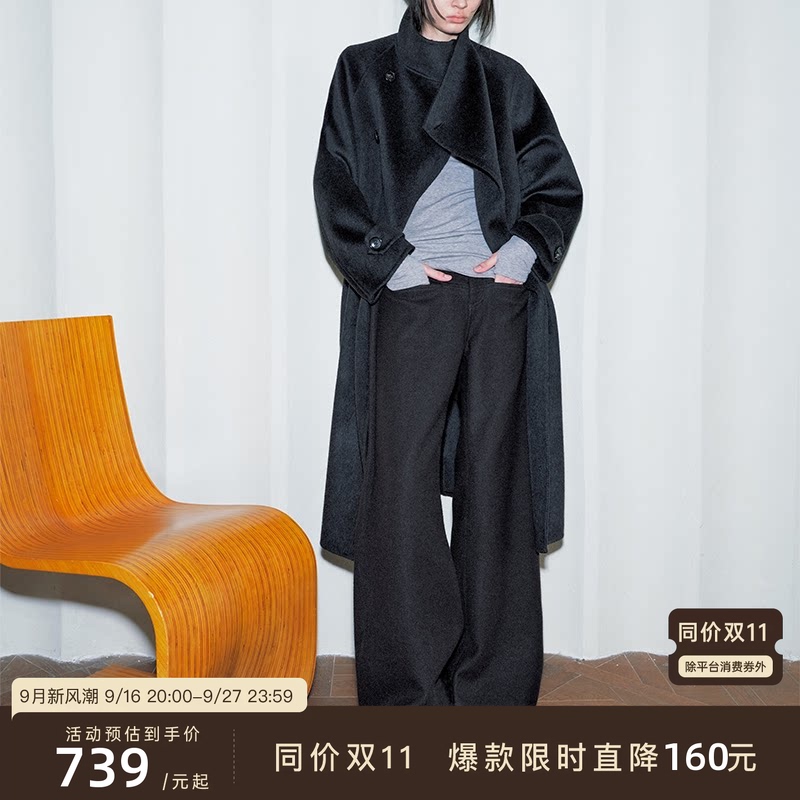 Jcaesar Women Asymmetrical Neck Tie Long Double-Sided Wool Coat Wool Blend Loose Wool Jacket Winter