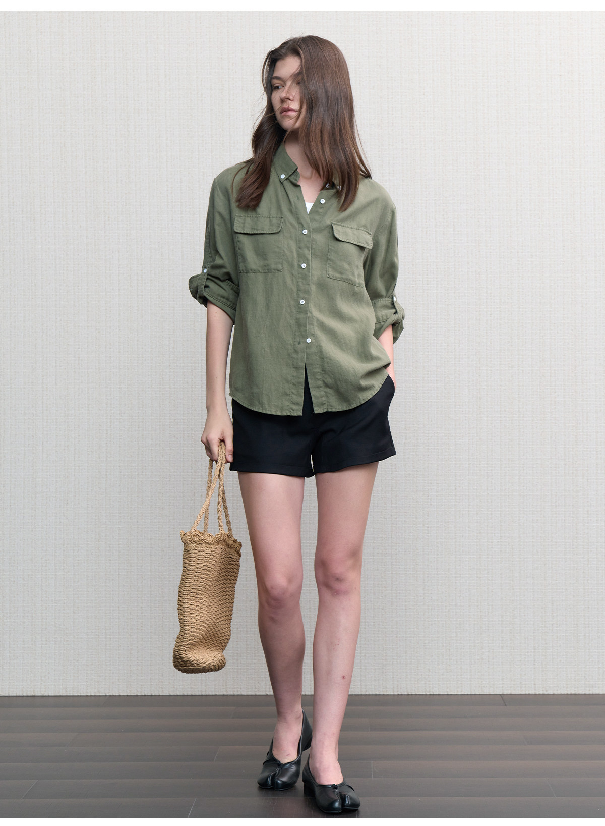 JCAESAR WOMEN Washed Linen Rolled-Cuff Long-Sleeve Shirt