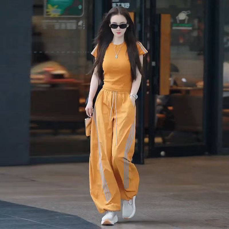 French Ybobo Luxury High-End Sports-Style Casual Suit for Women, Summer Short-Sleeve T-Shirt and Wide-Leg Pants Two-Piece Set, Slimming Effect