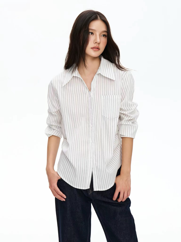 Besober Striped White Collared Shirt with Pleated Waist for Women, Loose Casual Elegant Long-Sleeve Shirt Top for Autumn Besober Striped White Collared Shirt with Pleated Waist for Women, Loose Casual Elegant Long-Sleeve Shirt Top for Autumn