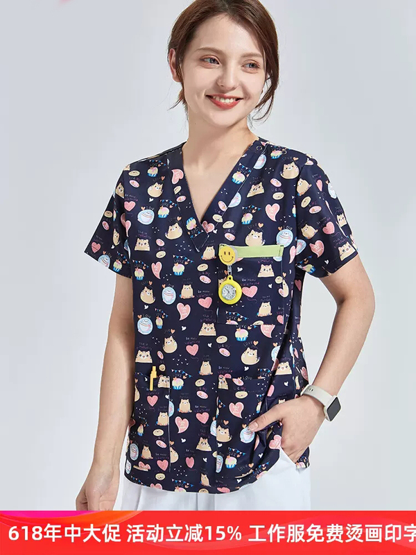 Printed Hand Wash Clothes for Women, Quick-Drying Short-Sleeved High-End Nursing Clothes, Overalls, Pediatrician Nurse Doctor Surgical Uniforms