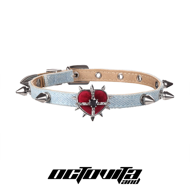 Evil Girl Series Original Design Studded Minimalist Leather Belt Clavicle Chain Denim Blue Summer Choker Accessories