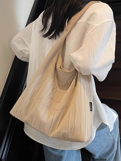 Japanese embroidered pleated canvas bag for women summer large-capacity class commuter bag versatile shoulder underarm tote bag