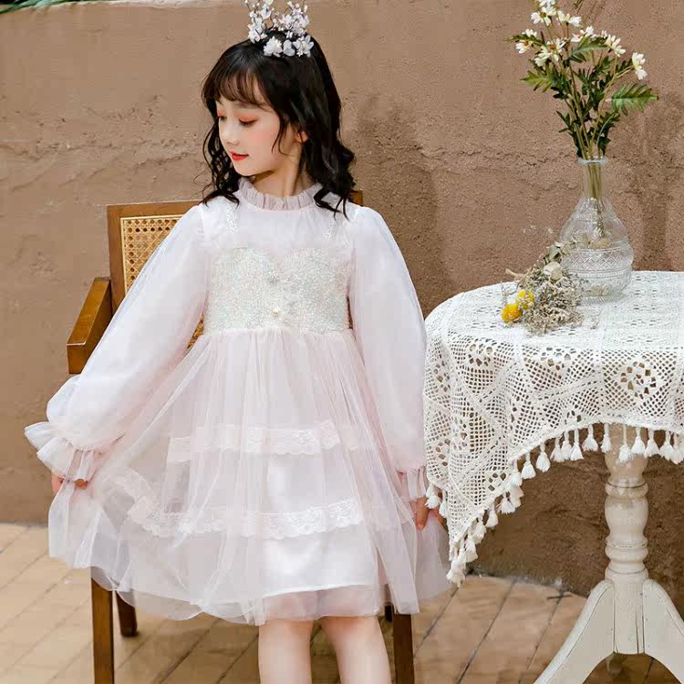 Girls' puff sleeve dress spring and autumn dress 2021 new children's long-sleeved princess skirt middle children's tutu skirt autumn