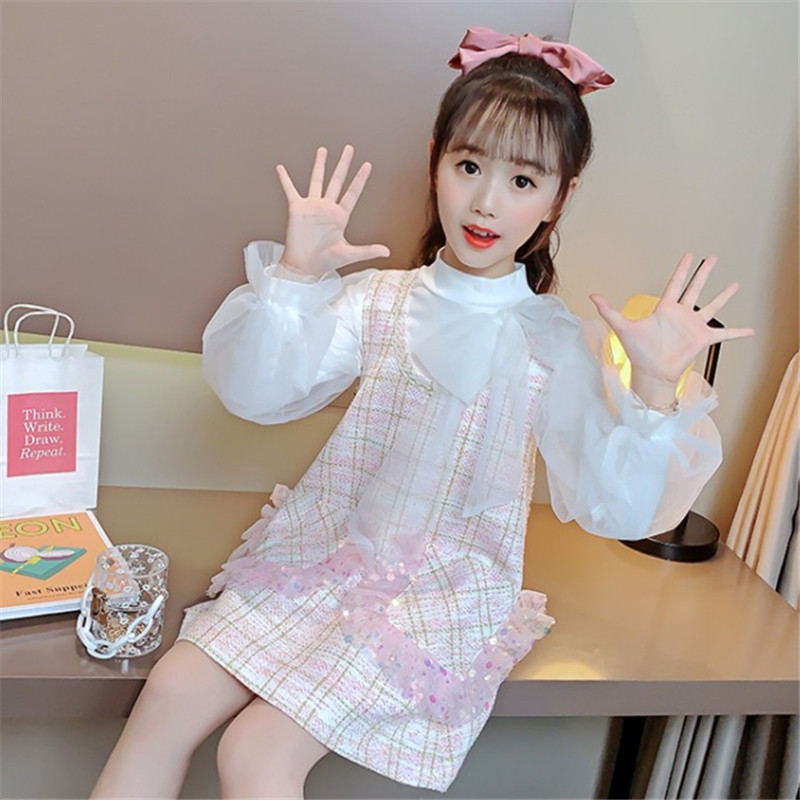 Girls Xiaoxiang wind suit vest skirt autumn 2021 new children's dress white puff sleeves autumn
