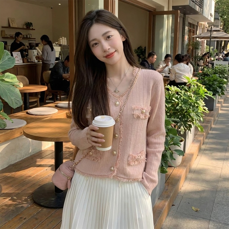 French-Style Pink Tweed Knit Cardigan for Women, Early Spring New Model, High-End, Elegant, Loose-Fitting Short Sweater Jacket