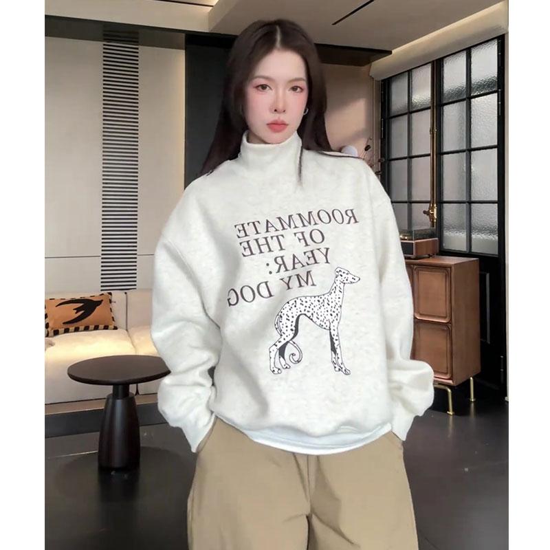 西洋風のユニークなハーフハイカラーのゆったりとしたカジュアルな長袖セーター、女性用、冬用、新しいアメリカンな怠惰なファッション、グレーのトップス