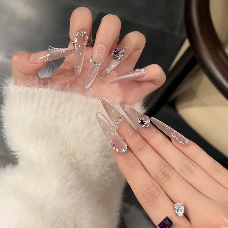 Langniu Style Manicure, Oxygen Pure Handmade, Real Shot, Gentle and Pure, Nude Pink Smile, French Side Light Cat Eye Press-On Nails