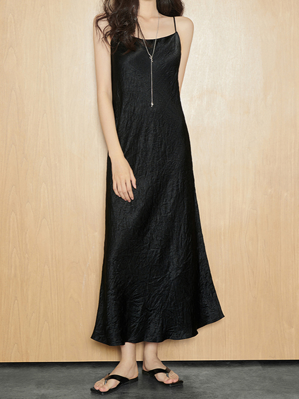 Meiya Hepburn Prelude Acetate Slip Dress - Light Luxury Satin Thin Strap Commuter Black Tank Dress with a High-End Feel