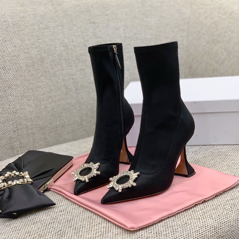 2021 autumn and winter net red tide shoes black satin rhinestone sun buckle high heel pointed toe stiletto short boots women's elastic nude boots
