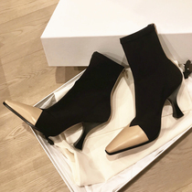 Net red square head splicing short boots female autumn winter display slim mid-cylinder bullet Sox boots thin heel high heel slim boots with velvety boots