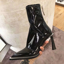 Lacquer Leather Martin Boots Woman Spring Autumn 2021 New Pointed Elastic Boots Woman Fine Heel High Heels Slim Skinny Boots Short Boots