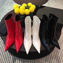 European and American wind 2021 new boots female high heel fine and white net red boots paint tip curved and female boots