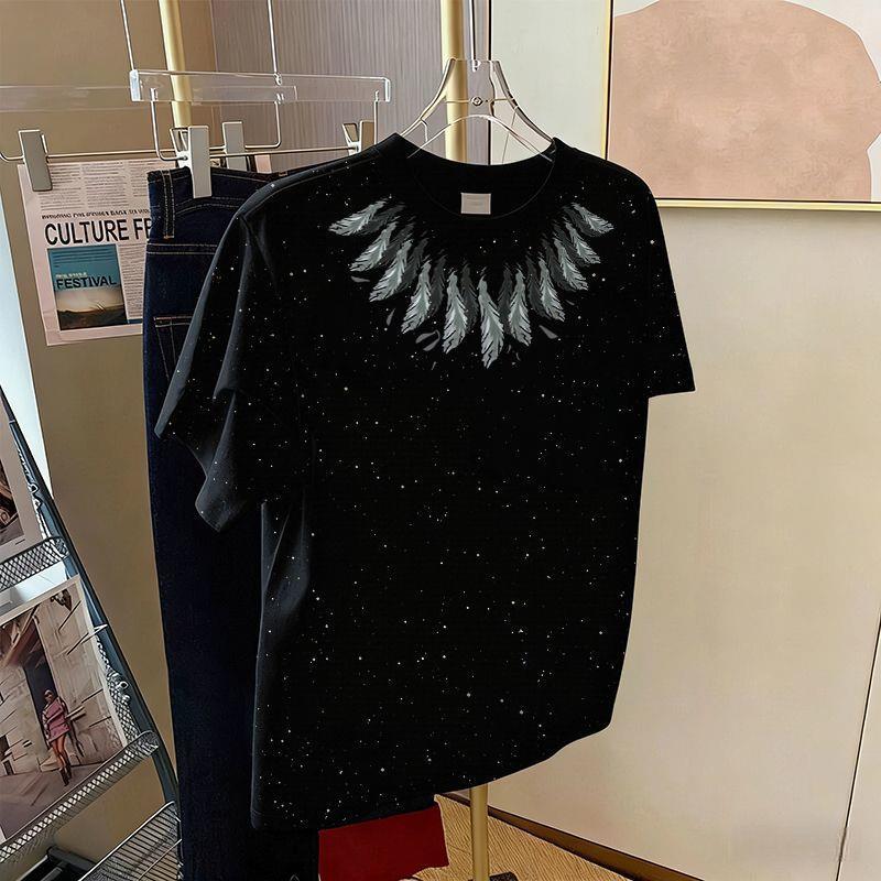 2026 Early Summer New High-End Black Mid-Length Short-Sleeved T-Shirt for Girls with Sequins, Casual Loose Harajuku Style Top