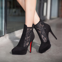 2022 summer thin boots super high heel platform stiletto heel pointed toe cutout mesh temperament black boots single boots
