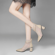 Summer Fall 2022 thin boots light and windy high heel short boots thick heel pointed toe fashion patent leather breathable skeleton mesh boots