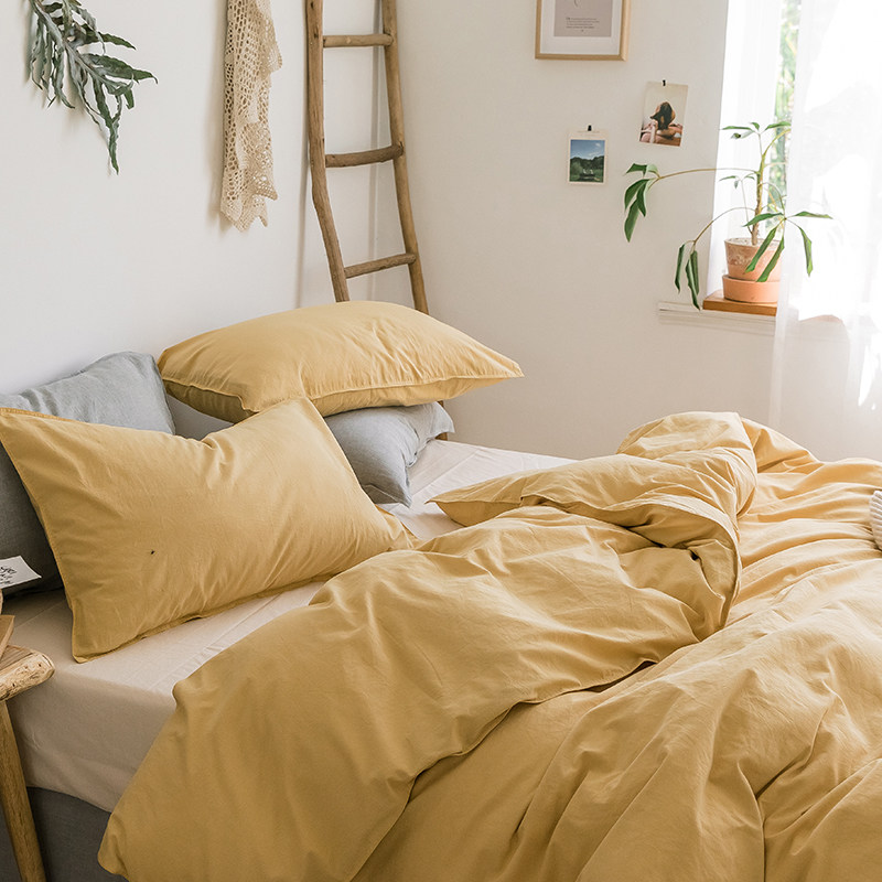 Nordic All-cotton Pure Cotton Washed Cotton Four Pieces Kit Minimalist Pure Color Double 1 5 1 8 m Sheets Quilt Cover Three Sets