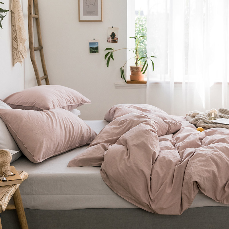 ins net celebrity cotton washed cotton four-piece solid color pure cotton double quilt cover bed sheet student dormitory 1 2 1 5