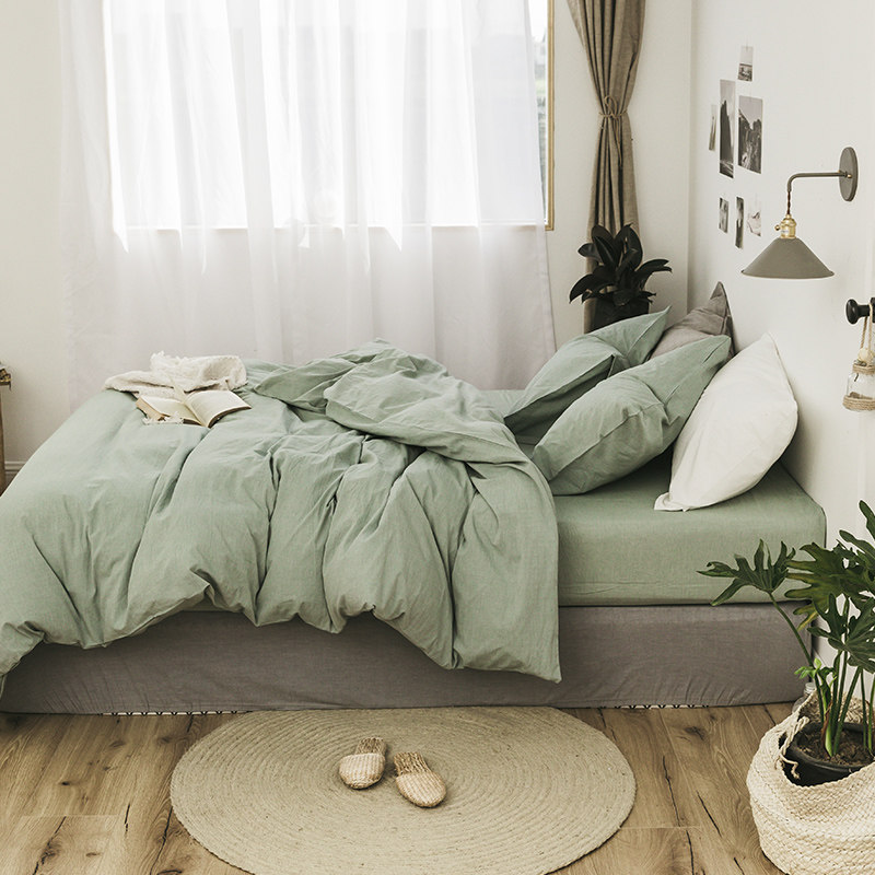 Extremely simple wind washed cotton four pieces of covered pure cotton quilt cover bed linen spring summer style double 1 8 m pure color All cotton Nordic 2 m