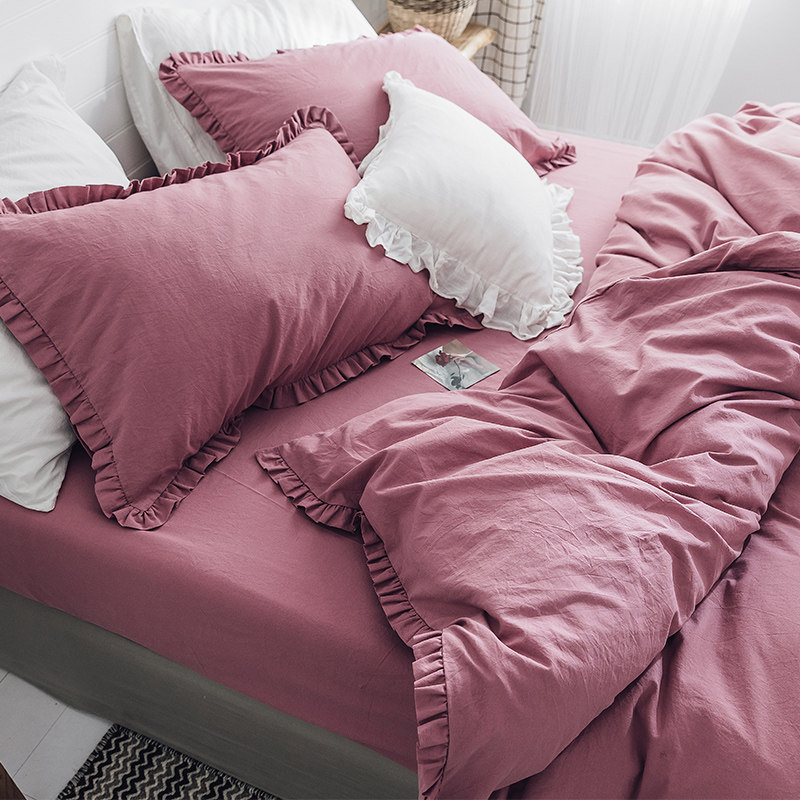 ins red pure color water wash cotton bedding Han edition Princess wind four pieces of bed beds bedding Student dorm 1 2